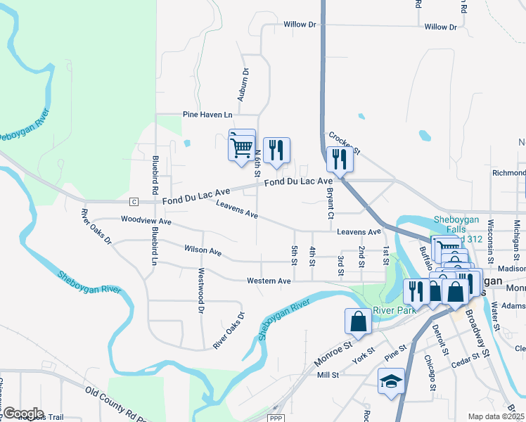 map of restaurants, bars, coffee shops, grocery stores, and more near 138 6th Street in Sheboygan Falls