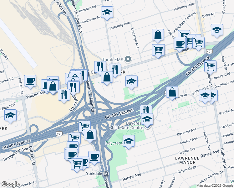 map of restaurants, bars, coffee shops, grocery stores, and more near 3 Tippett Road in Toronto