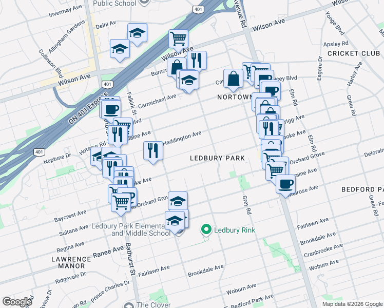 map of restaurants, bars, coffee shops, grocery stores, and more near 75 Bannockburn Avenue in Toronto