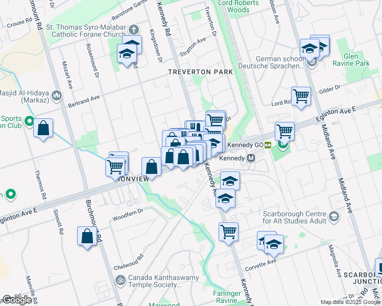 map of restaurants, bars, coffee shops, grocery stores, and more near 2420 Eglinton Avenue East in Toronto