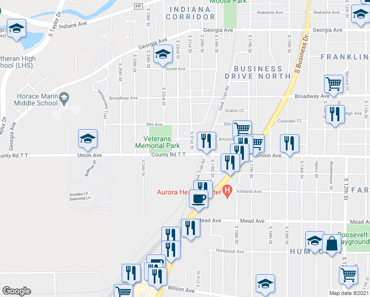 map of restaurants, bars, coffee shops, grocery stores, and more near 2104 Union Avenue in Sheboygan