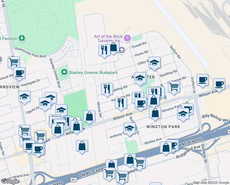 map of restaurants, bars, coffee shops, grocery stores, and more near 141 Spalding Road in Toronto