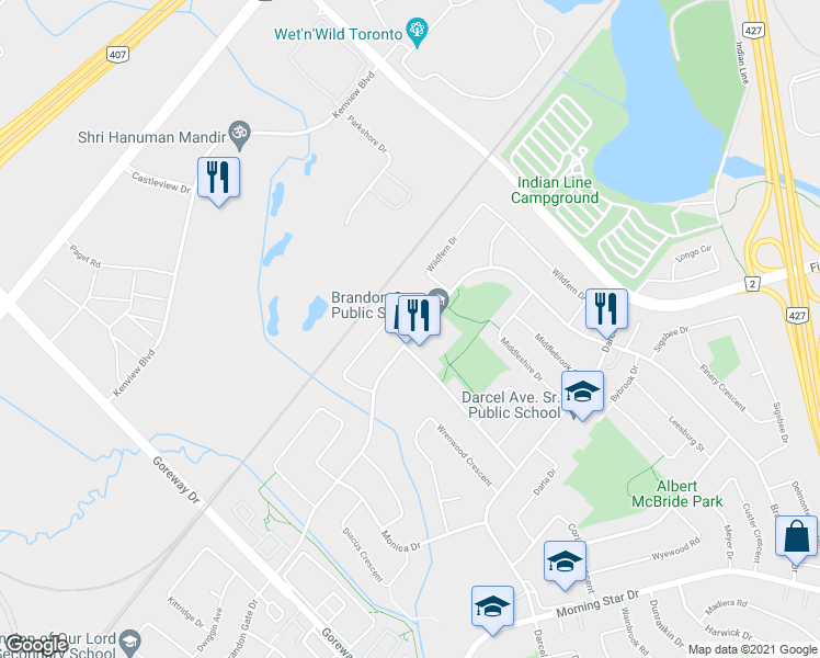 map of restaurants, bars, coffee shops, grocery stores, and more near 3789 Brandon Gate Drive in Mississauga