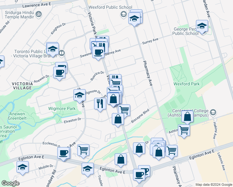 map of restaurants, bars, coffee shops, grocery stores, and more near in Toronto