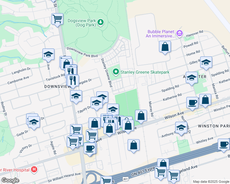 map of restaurants, bars, coffee shops, grocery stores, and more near 57 John Perkins Bull Drive in Toronto