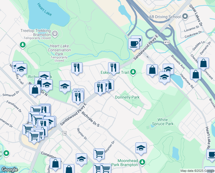 map of restaurants, bars, coffee shops, grocery stores, and more near 42 Barr Crescent in Brampton