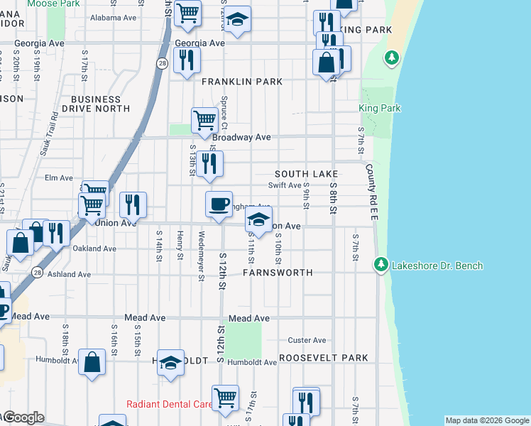 map of restaurants, bars, coffee shops, grocery stores, and more near 1017 Dillingham Avenue in Sheboygan