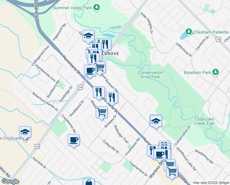 map of restaurants, bars, coffee shops, grocery stores, and more near 73 Colonel Bertram Road in Brampton