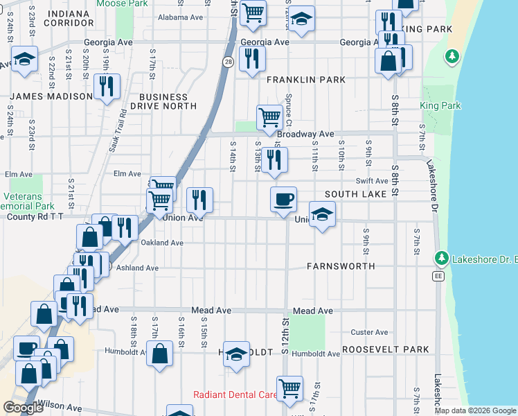 map of restaurants, bars, coffee shops, grocery stores, and more near 2007A South 13th Street in Sheboygan