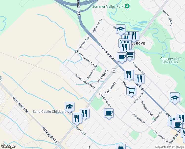 map of restaurants, bars, coffee shops, grocery stores, and more near 21 Bushberry Road in Brampton