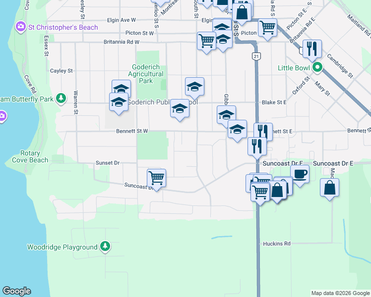 map of restaurants, bars, coffee shops, grocery stores, and more near 24 Leonard Drive in Goderich
