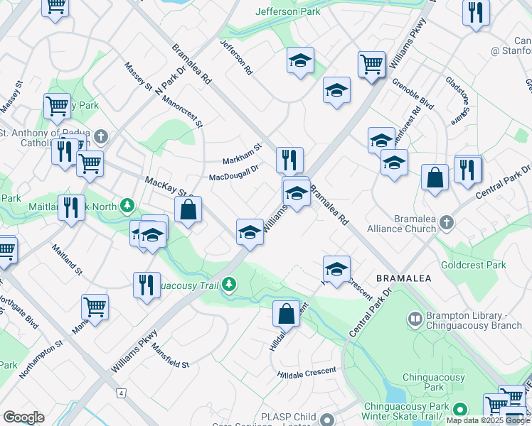map of restaurants, bars, coffee shops, grocery stores, and more near 62 Mikado Crescent in Brampton