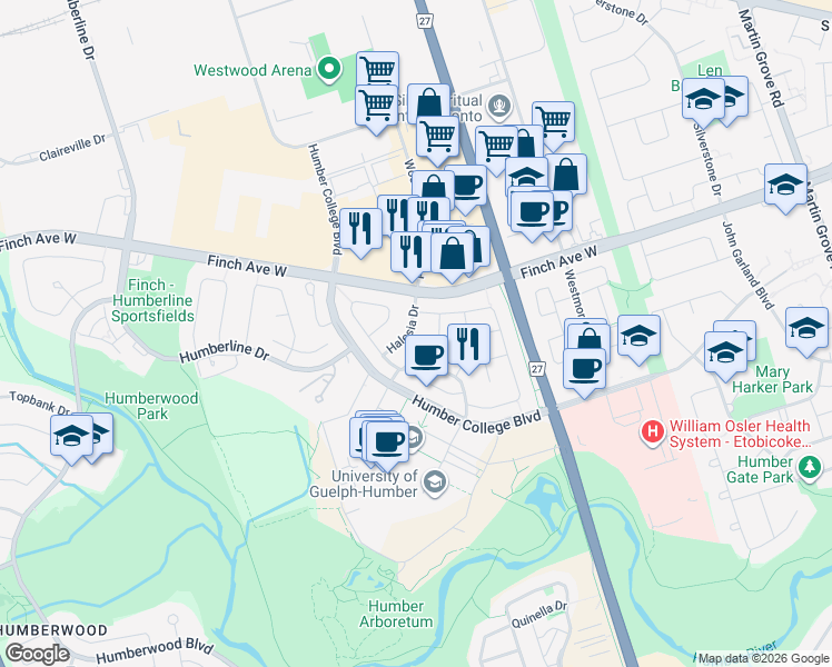 map of restaurants, bars, coffee shops, grocery stores, and more near 23 Halesia Drive in Toronto