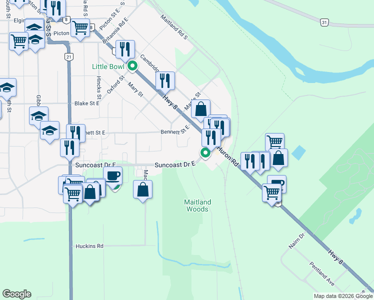 map of restaurants, bars, coffee shops, grocery stores, and more near in Goderich