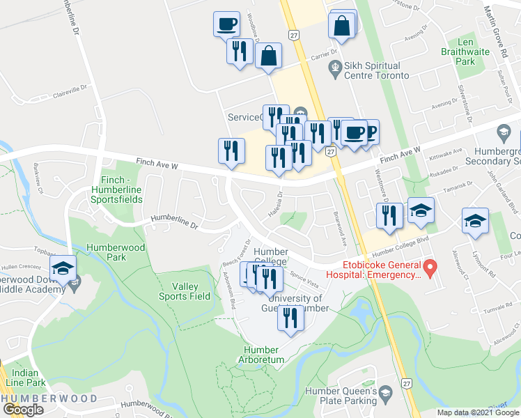 map of restaurants, bars, coffee shops, grocery stores, and more near 135 Autumn Glen Circle in Toronto