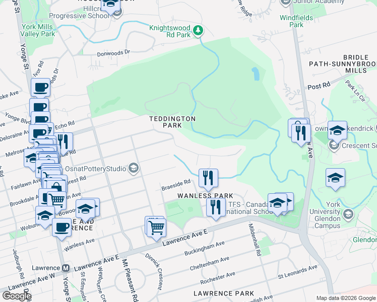 map of restaurants, bars, coffee shops, grocery stores, and more near 338 Riverview Drive in Toronto
