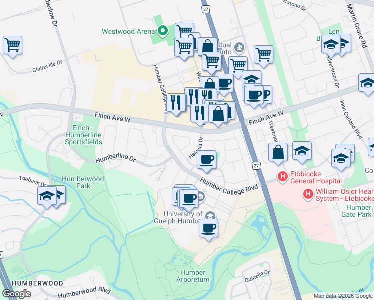 map of restaurants, bars, coffee shops, grocery stores, and more near 135 Autumn Glen Circle in Toronto