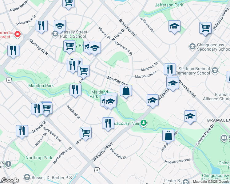 map of restaurants, bars, coffee shops, grocery stores, and more near 32 Carisbrooke Court in Brampton