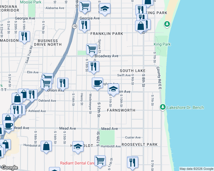 map of restaurants, bars, coffee shops, grocery stores, and more near 1109 Dillingham Avenue in Sheboygan