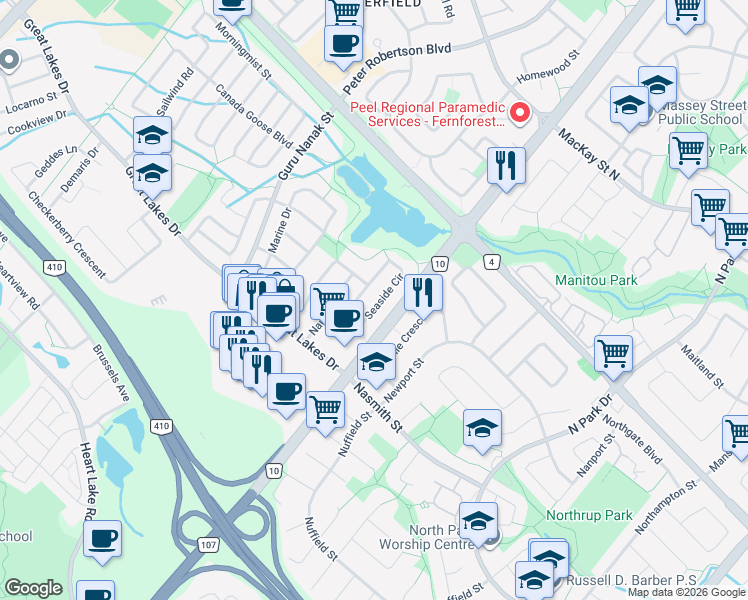 map of restaurants, bars, coffee shops, grocery stores, and more near 49 Seaside Circle in Brampton