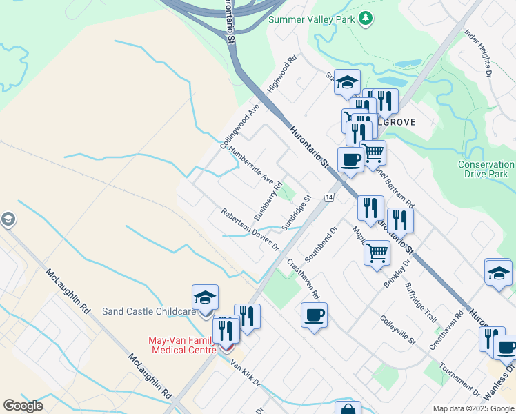 map of restaurants, bars, coffee shops, grocery stores, and more near 10 Bushberry Road in Brampton