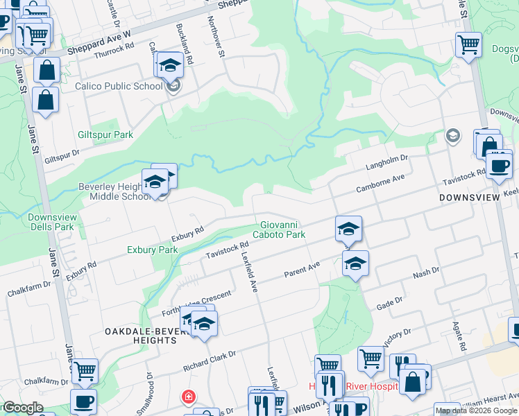 map of restaurants, bars, coffee shops, grocery stores, and more near 65 Exbury Road in Toronto