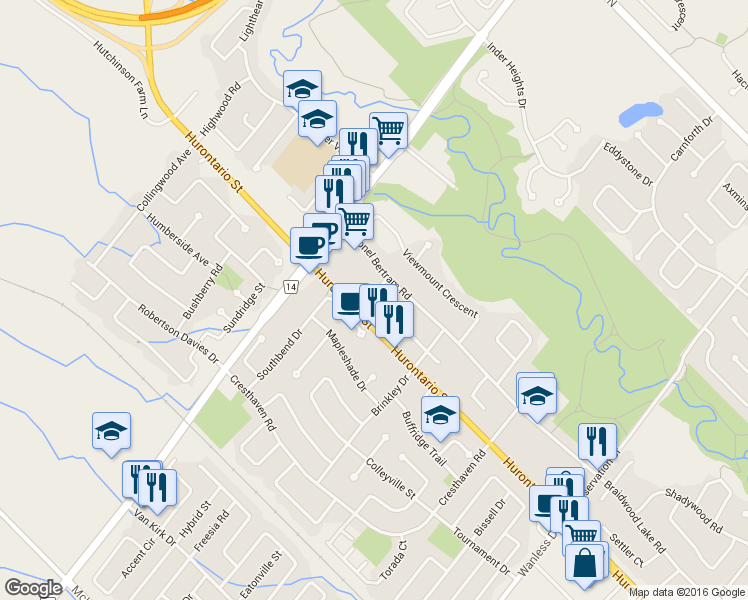 map of restaurants, bars, coffee shops, grocery stores, and more near 32 Dokkum Crescent in Brampton