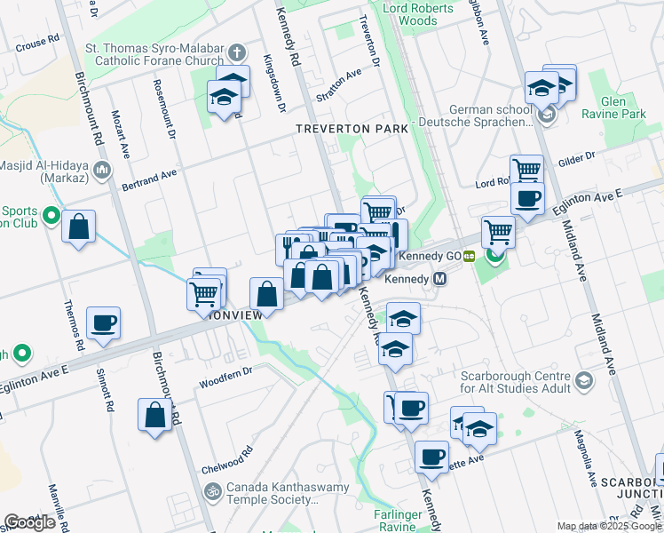 map of restaurants, bars, coffee shops, grocery stores, and more near in Toronto