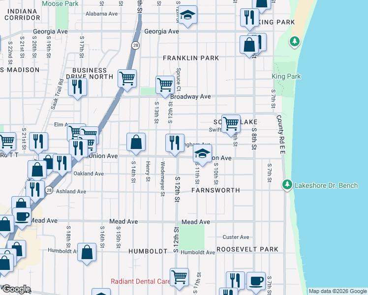 map of restaurants, bars, coffee shops, grocery stores, and more near 1109 Dillingham Avenue in Sheboygan