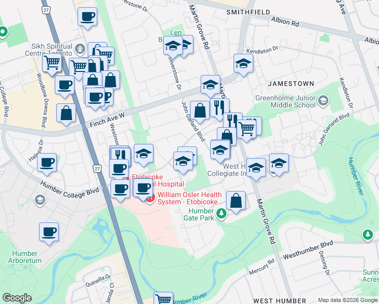 map of restaurants, bars, coffee shops, grocery stores, and more near 3 Slane Court in Toronto