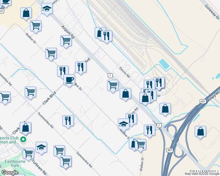map of restaurants, bars, coffee shops, grocery stores, and more near 8590 Airport Road in Brampton