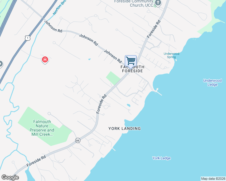 map of restaurants, bars, coffee shops, grocery stores, and more near 245 Foreside Road in Falmouth