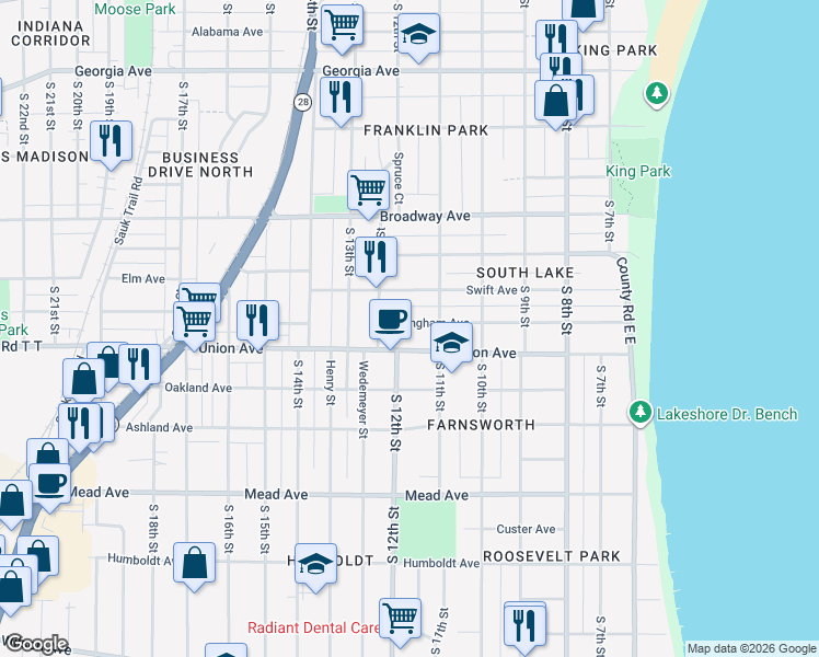 map of restaurants, bars, coffee shops, grocery stores, and more near 1109 Dillingham Avenue in Sheboygan
