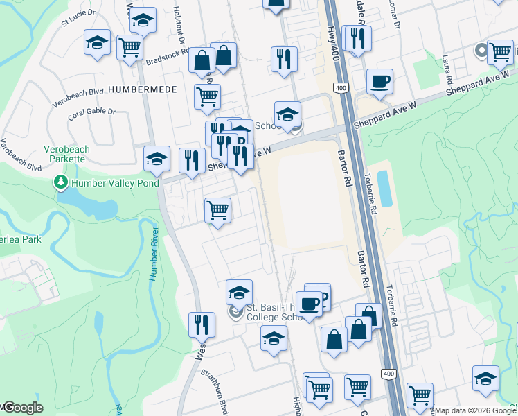 map of restaurants, bars, coffee shops, grocery stores, and more near 145 Isaac Devins Boulevard in Toronto