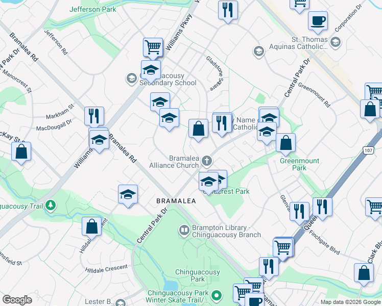 map of restaurants, bars, coffee shops, grocery stores, and more near 900 Central Park Drive in Brampton
