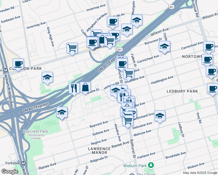 map of restaurants, bars, coffee shops, grocery stores, and more near 27 Hotspur Road in Toronto