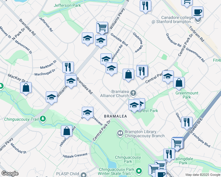 map of restaurants, bars, coffee shops, grocery stores, and more near 29 Glenforest Road in Brampton