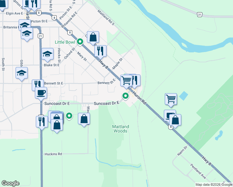 map of restaurants, bars, coffee shops, grocery stores, and more near in Goderich
