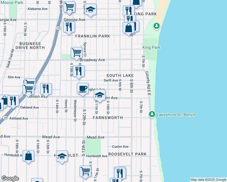 map of restaurants, bars, coffee shops, grocery stores, and more near 919 Dillingham Avenue in Sheboygan