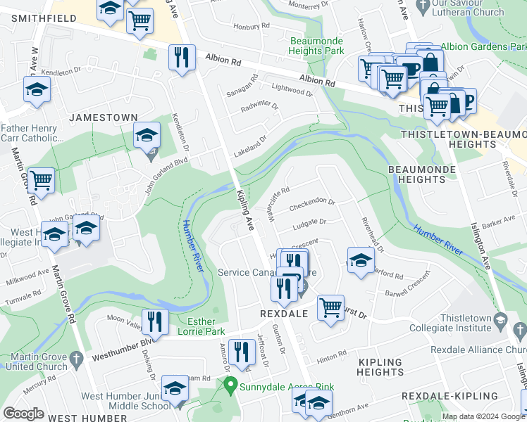 map of restaurants, bars, coffee shops, grocery stores, and more near 40 Watercliffe Road in Toronto
