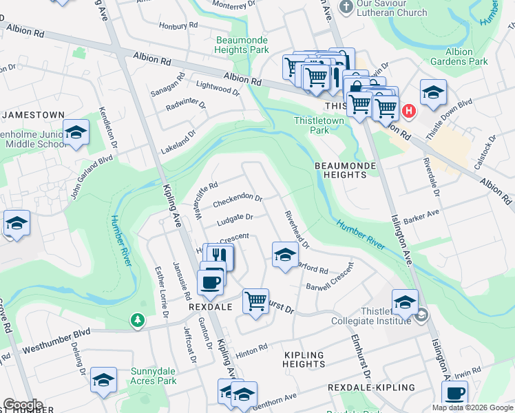 map of restaurants, bars, coffee shops, grocery stores, and more near 68 Barford Road in Toronto