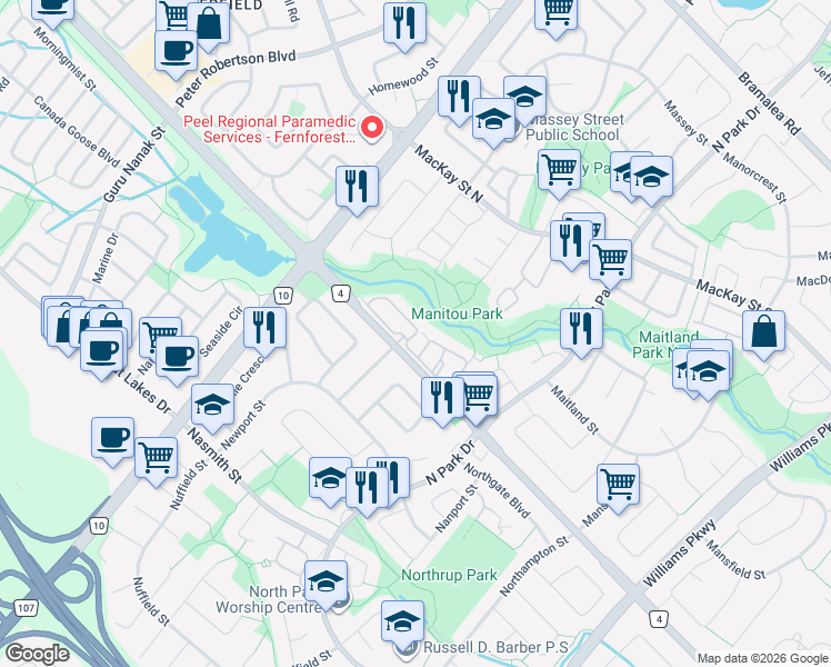 map of restaurants, bars, coffee shops, grocery stores, and more near Moregate Crescent in Brampton