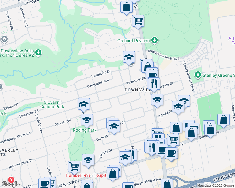 map of restaurants, bars, coffee shops, grocery stores, and more near 82 Calvington Drive in Toronto