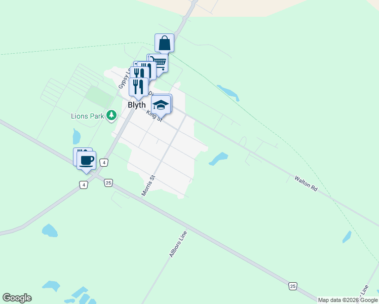 map of restaurants, bars, coffee shops, grocery stores, and more near 289 Wellington Street in Blyth