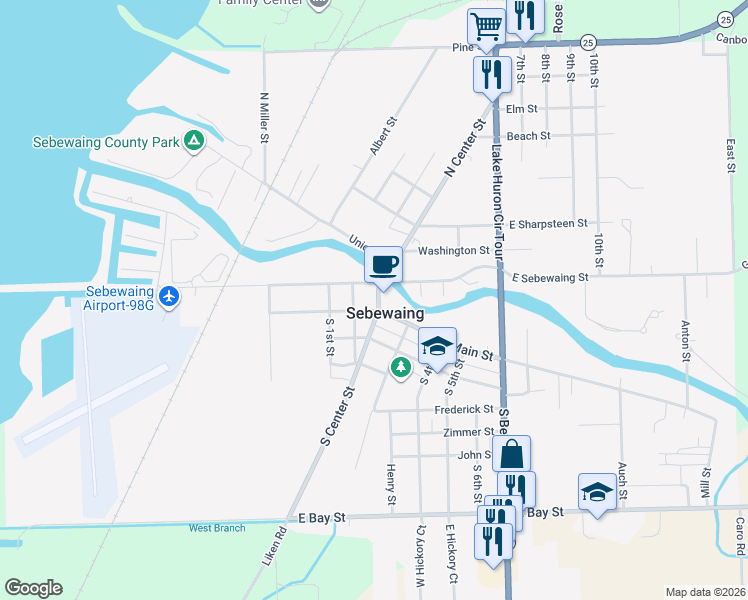 map of restaurants, bars, coffee shops, grocery stores, and more near 19 North Center Street in Sebewaing