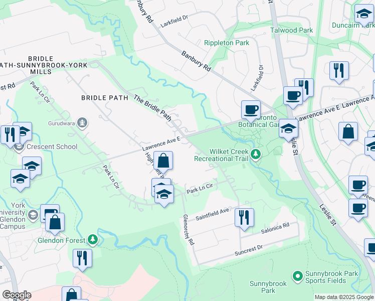 map of restaurants, bars, coffee shops, grocery stores, and more near 85 The Bridle Path in Toronto