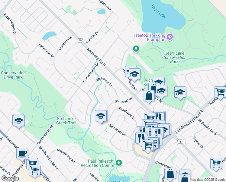 map of restaurants, bars, coffee shops, grocery stores, and more near 14 Mount Forest Drive in Brampton