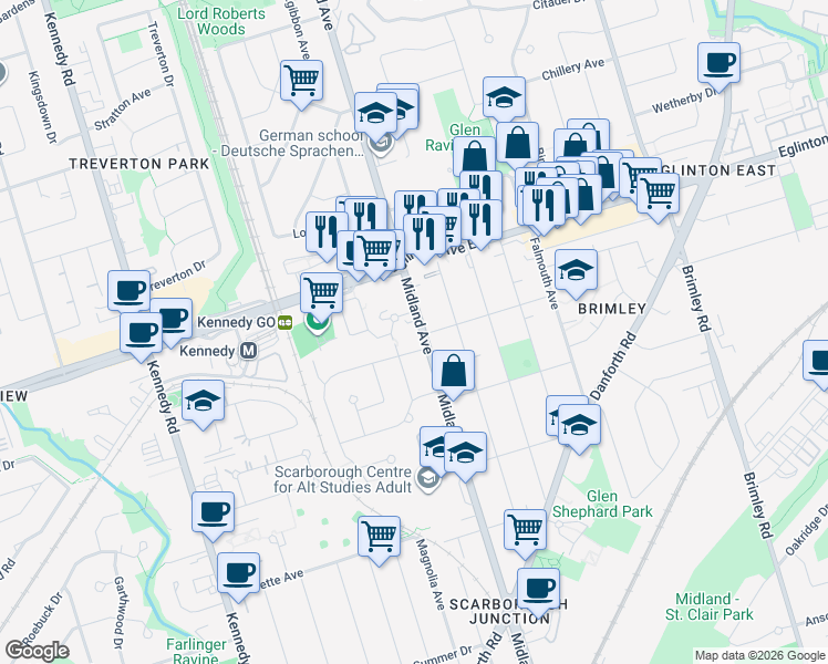 map of restaurants, bars, coffee shops, grocery stores, and more near 790B Midland Avenue in Toronto