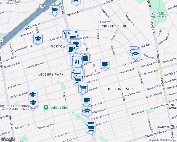 map of restaurants, bars, coffee shops, grocery stores, and more near 159 Roe Avenue in Toronto