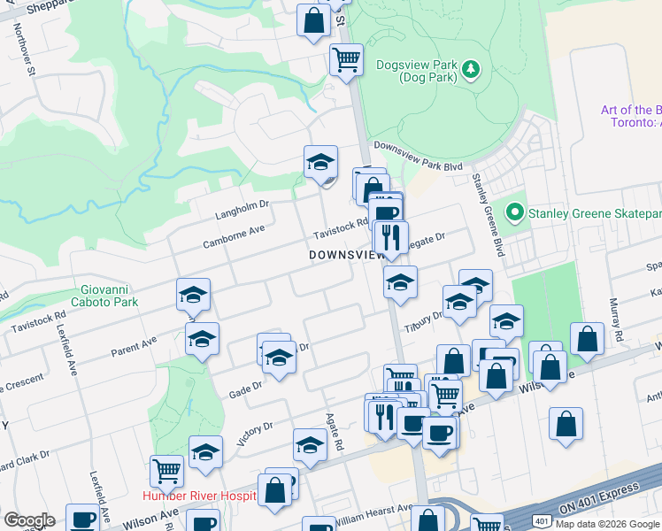 map of restaurants, bars, coffee shops, grocery stores, and more near 61 Calvington Drive in Toronto